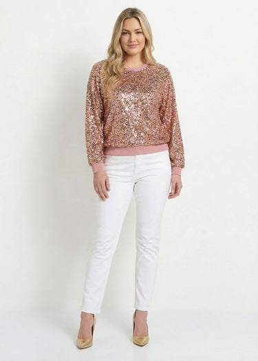 Sweat pailleté à sequins et col rond Rose/Or