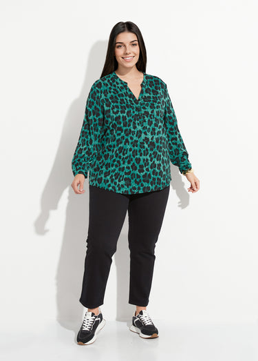 Blouse col V boutonné motif léopard Vert/Noir