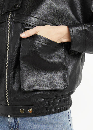 Blouson simili cuir, taille élastiquée Noir