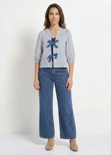 Blouse manches 3/4 avec noeuds fantaisie Bleu / Écru