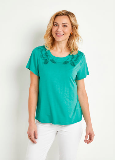 T-shirt coton brodé ajouré col rond Aqua