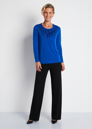 T-shirt court col rond résille brodé strass Bleu