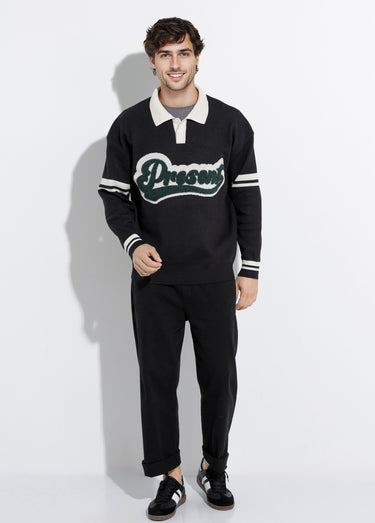 Pull col polo message maille bouclette Noir