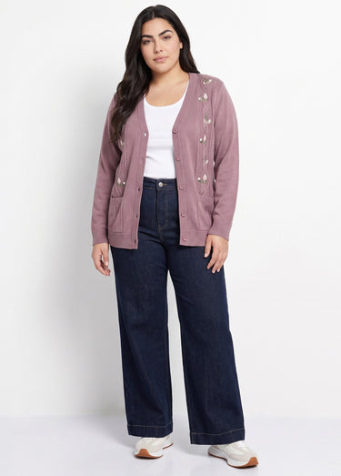 Gilet long boutonné brodé perlé col V Cyclamen