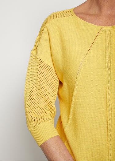 Pull en maille ajourée, manches 3/4 Jaune