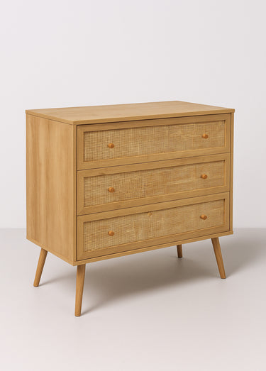 Commode 3 tiroirs, en bois et cannage Marron