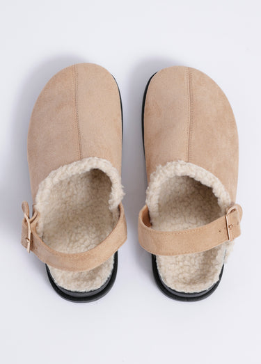 Mules fourrées en suédine, bride talon Beige