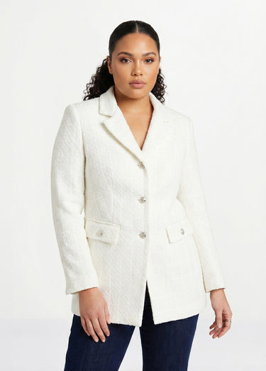 Veste droite boutonnée tissu natté col tailleur Ivoire
