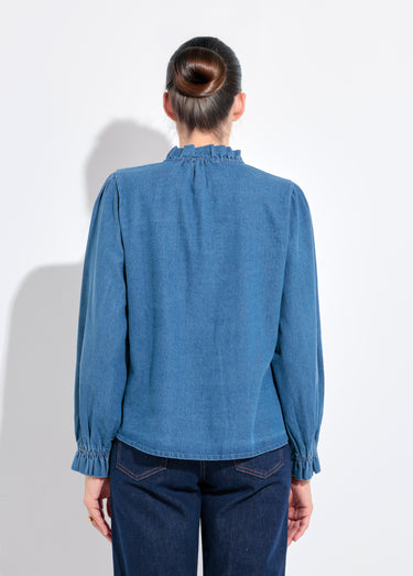 Chemise en denim boutonnée, col volanté Denim