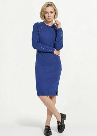 Robe-pull col montant détails côtelés perlés Bleu