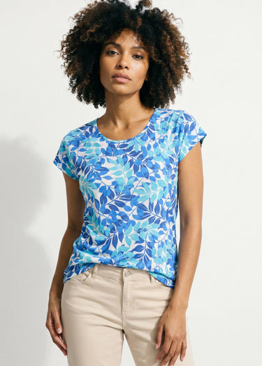 T-shirt manches courtes imprimé feuillage col rond Bleu/Aqua
