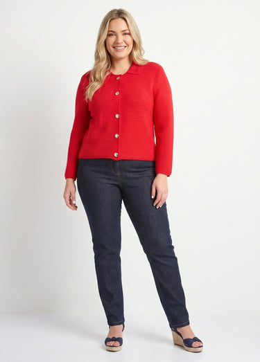 Gilet boutonné uni avec col manches longues Rouge