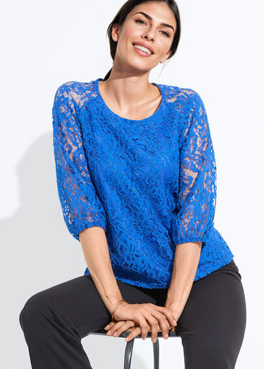 T-shirt dentelle col rond manches 3/4 raglan Bleu Dur