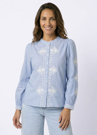 Chemisier rayé col rond et broderies Bleu