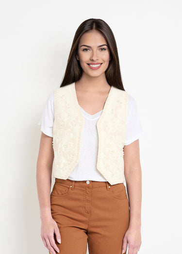 Gilet sans manches broderies et perles Ecru