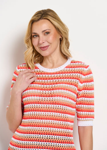 Pull doux rayé ajouré court manches courtes Raye Corail