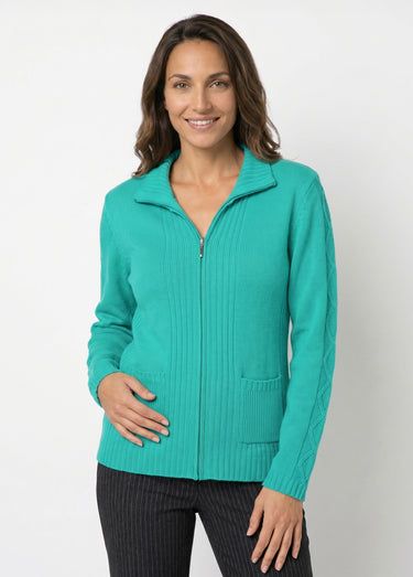 Gilet zippé uni mi-long maille épaisse Emeraude