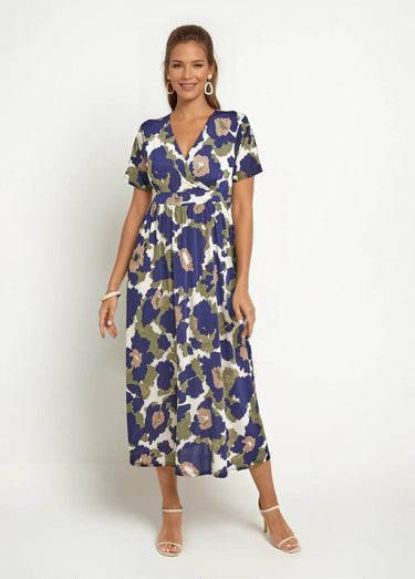 Robe longue manches courtes, fleuri stylisé Marine/Kaki