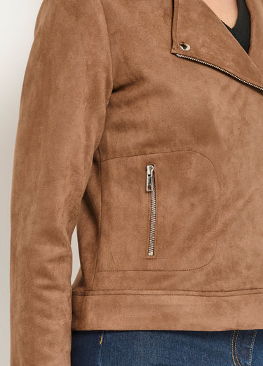 Veste motard zippée courte en suédine Camel