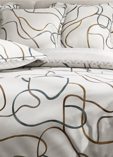 Parure de lit 4 pièces percale avec drap plat, lignes Imprime Blanc