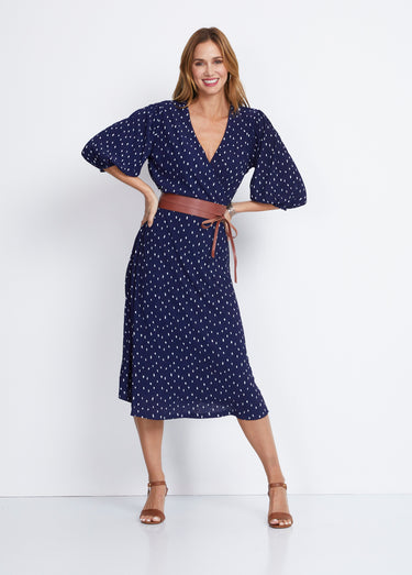 Robe mi longue cache-coeur pois Marine / Blanc