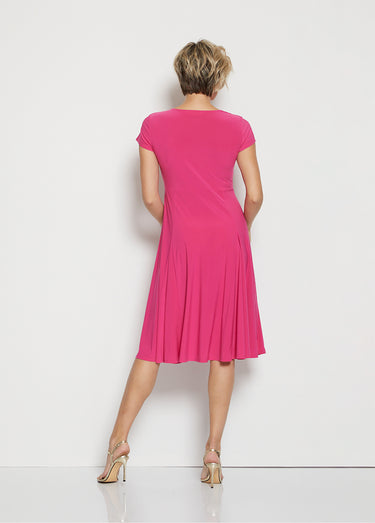 Robe mi-longue évasée col V Uni Fuchsia