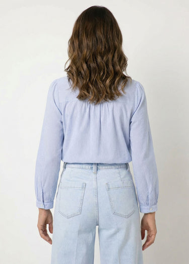Chemisier rayé col rond et broderies Bleu