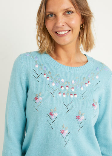 Pull doux uni brodé ajouré col rond Vert Onyx