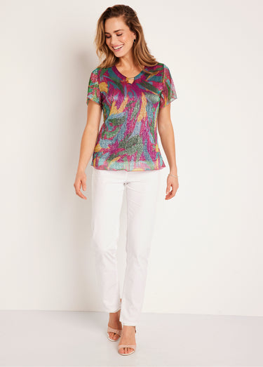 T-shirt court imprimé feuillage doré Fuchsia/Vert