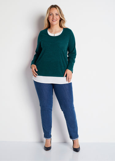 T-shirt mi-long effet 2 en 1 Emeraude