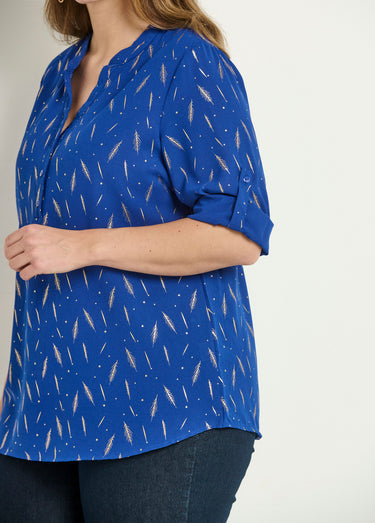 Tunique motifs col V boutonné manches 3/4 Bleu