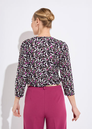 T-shirt court col V manches 3/4 imprimé feuilles Ecru/Rose