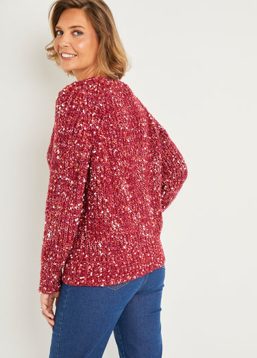 Pull chaud col rond maille fantaisie perlée Framboise