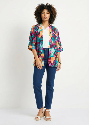 Veste longue ample motif floral Violet/Bleu