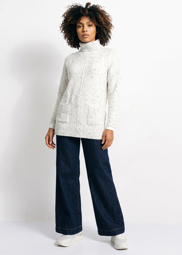 Pull-tunique chaud moucheté col roulé Ecru