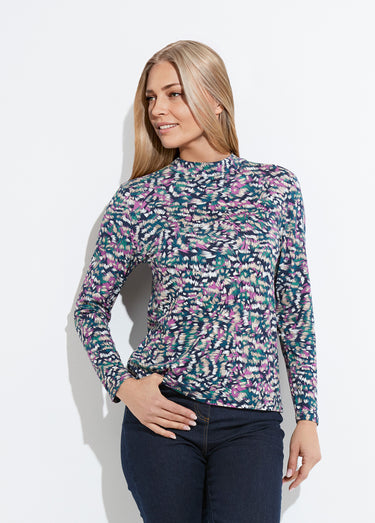 Sous-pull imprimé col montant manches longues Marine/Rose