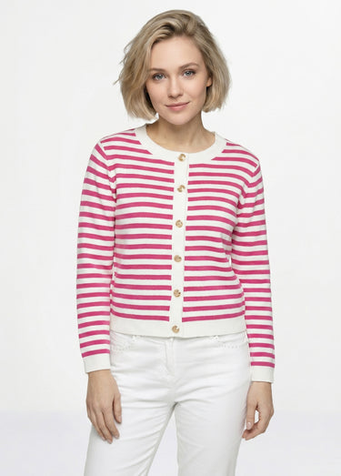 Gilet cardigan court col rond rayé boutonné Raye Fuchsia