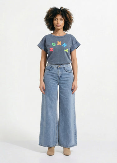 T-shirt délavé avec inscription Mommy Gris