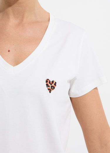T-shirt col V broderie léopard fluo Blanc