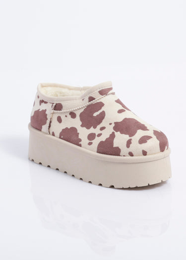 Low boots plateforme en suédine fourrées imprimé / Vache