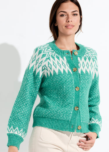 Gilet chaud boutonné jacquard graphique Vert / Écru
