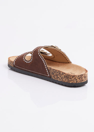 Mules folk à boucles, semelle type liège Marron