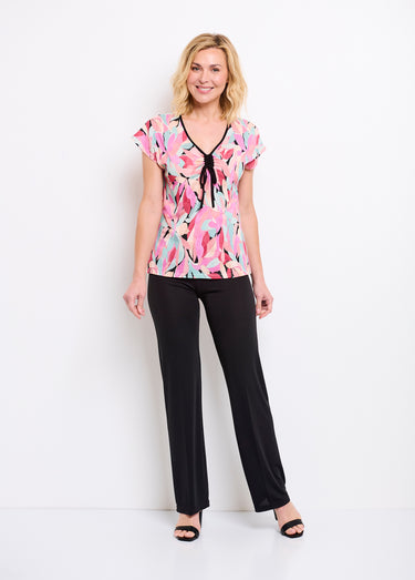 T-shirt court col V avec liens imprimé floral Noir/Saumon