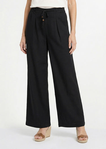 Pantalon large avec lin, style ethnique Noir