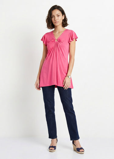 T-shirt long évasé col V drapé Uni Fuchsia