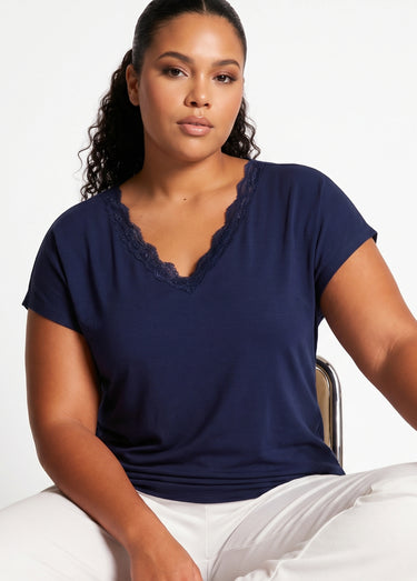 T-shirt court extensible dentelle Marine