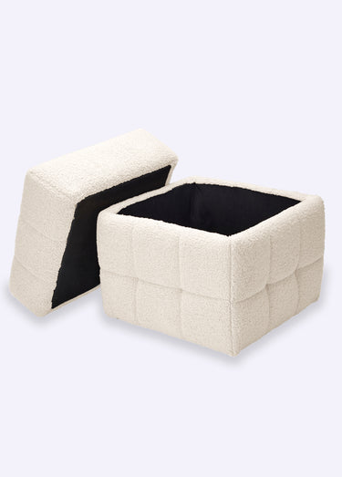 Pouf capitonné rangement, aspect laineux Blanc