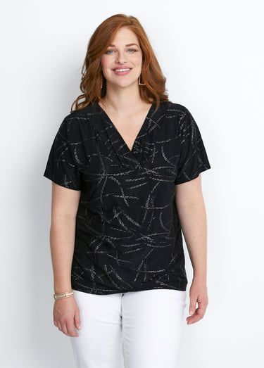 T-shirt court col croisé brillant Noir