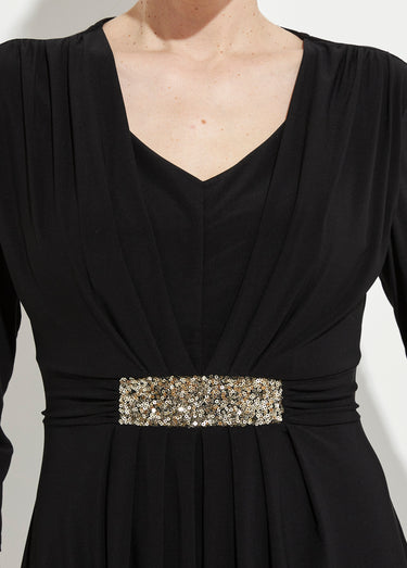 Robe courte col V effet drapé ceinture bijou Noir