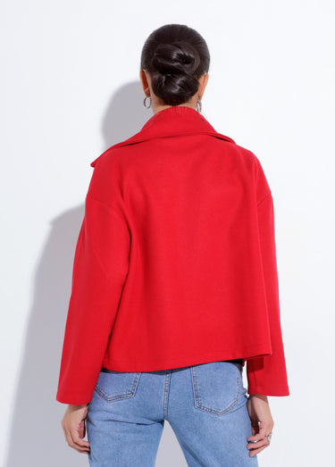 Caban court uni façon drap de laine Rouge